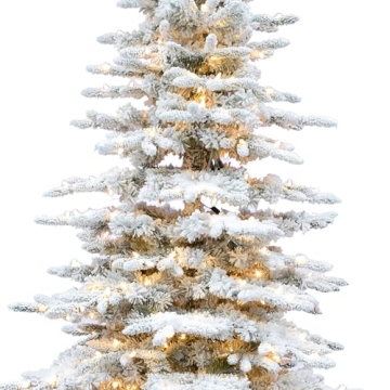 Fraser Hill Farm 7.5-Ft. Mountain Pine Flocked Artificial Christmas Tree with White Incandescent Smart Lights and Stand, Prelit Foldable Fake Tree with Realistic Snowy Foliage for Home Decoration