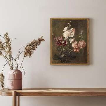 ARPEOTCY Framed Vintage Wall Art, Moody Floral Hollyhocks Bathroom Vintage Decor, Canvas Prints, Fre...