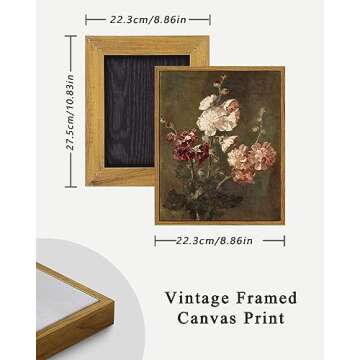 ARPEOTCY Framed Vintage Wall Art, Moody Floral Hollyhocks Bathroom Vintage Decor, Canvas Prints, French Country Farmhouse Decor, Home Dark Academia Wall Art, 9x11 Inch
