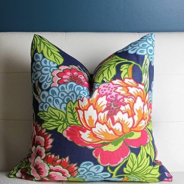 Chinoiserie Peony Navy Pink High End - Throw Pillow Covers Handmade Comfortable Cotton and Linen Pil...
