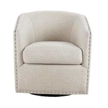 Madison Park Tyler Accent Chair - Curved Back Swivel Accent Chair, 7-Inch Thick Cushion Comfy Chair for Bedroom, Upholstered with Nailhead Details, Living Room Chair Barrel Design, 28" Wide, Neutral