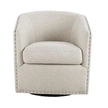 Madison Park Tyler Accent Chair - Curved Back Swivel Accent Chair, 7-Inch Thick Cushion Comfy Chair for Bedroom, Upholstered with Nailhead Details, Living Room Chair Barrel Design, 28" Wide, Neutral