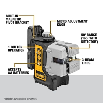DEWALT Self-Leveling Line Laser, 3-Beam Accuracy
