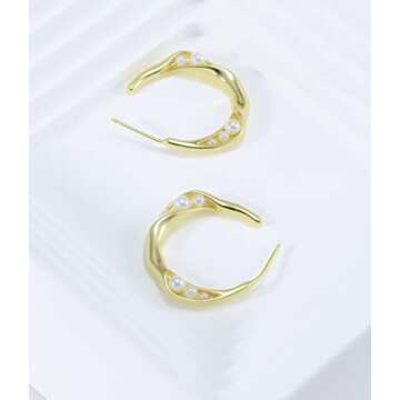 N9NEMUSES 14K Gold Plated Sterling Silver Twisted Channel Set Freshwater Cultured Pearl Hoop Earrings for Women