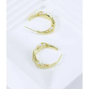 N9NEMUSES 14K Gold Plated Sterling Silver Twisted Channel Set Freshwater Cultured Pearl Hoop Earrings for Women