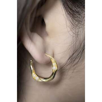 N9NEMUSES 14K Gold Plated Sterling Silver Twisted Channel Set Freshwater Cultured Pearl Hoop Earrings for Women