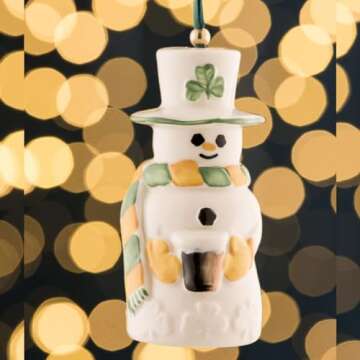 Belleek Paddy Snowman Ornament - Handcrafted Fine Parian China Irish Decor - Shamrock Christmas Tree Hanging Ornament - 3.4" x 1.7", White