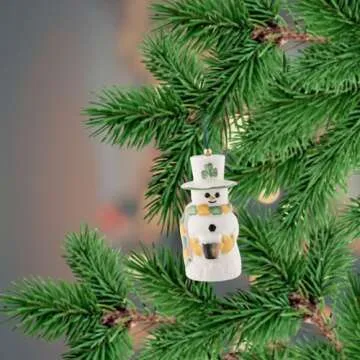 Belleek Paddy Snowman Ornament - Handcrafted Fine Parian China Irish Decor - Shamrock Christmas Tree Hanging Ornament - 3.4" x 1.7", White