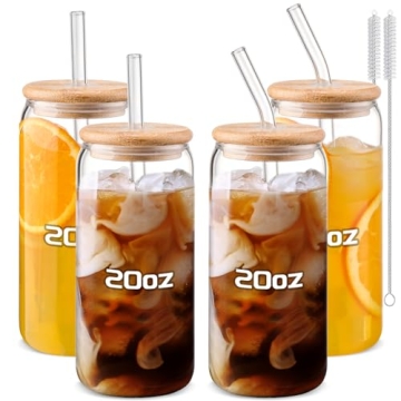 Glass Cups “20oz”,Glass Cups with Lids and Straws 4 pcs-DWTS Coffee Cups,Drinking Glasses Set,Gl...
