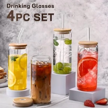 Glass Cups “20oz”,Glass Cups with Lids and Straws 4 pcs-DWTS Coffee Cups,Drinking Glasses Set,Glass Tumbler with Straw and Lid Gift 2 Cleaning Brushes