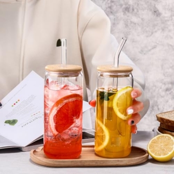 Glass Cups “20oz”,Glass Cups with Lids and Straws 4 pcs-DWTS Coffee Cups,Drinking Glasses Set,Glass Tumbler with Straw and Lid Gift 2 Cleaning Brushes
