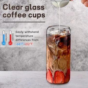 Glass Cups “20oz”,Glass Cups with Lids and Straws 4 pcs-DWTS Coffee Cups,Drinking Glasses Set,Glass Tumbler with Straw and Lid Gift 2 Cleaning Brushes