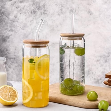 Glass Cups “20oz”,Glass Cups with Lids and Straws 4 pcs-DWTS Coffee Cups,Drinking Glasses Set,Glass Tumbler with Straw and Lid Gift 2 Cleaning Brushes