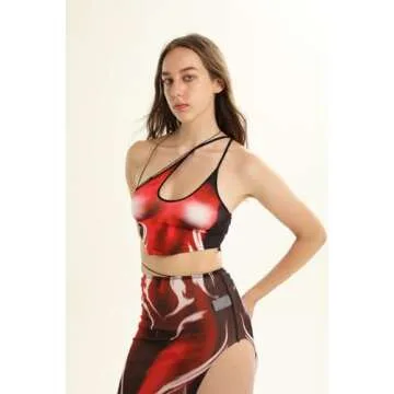 CAPE CLIQUE Womens Going Out Tops Y2K Top Crop Sexy Club Outfits for Women 3D Body Print Graphic Party Rave Streetwear Sleeveless Asymmetrical Neck Spaghetti Strap Halter Cami Red Small