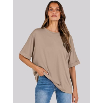 ANRABESS Women's Oversized T Shirts Short Sleeve Crewneck Summer Tops Casual Loose Basic Tee Shirts 2025 Trendy Clothes Khaki Large