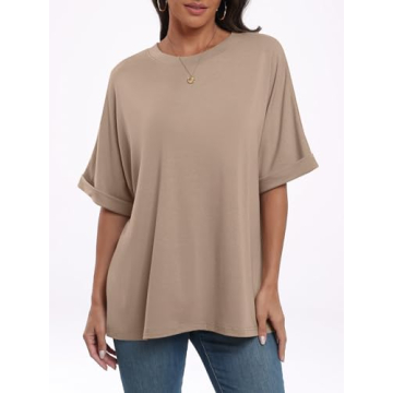 ANRABESS Women's Oversized T Shirts Short Sleeve Crewneck Summer Tops Casual Loose Basic Tee Shirts 2025 Trendy Clothes Khaki Large