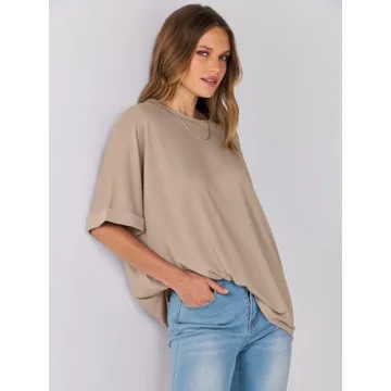 ANRABESS Women's Oversized T Shirts Short Sleeve Crewneck Summer Tops Casual Loose Basic Tee Shirts 2025 Trendy Clothes Khaki Large
