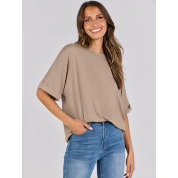 ANRABESS Women's Oversized T Shirts Short Sleeve Crewneck Summer Tops Casual Loose Basic Tee Shirts 2025 Trendy Clothes Khaki Large