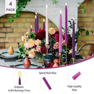 10 Inch Spiral Taper Candles for Home Decoration, 4 Pack Purple-Gradient Candlesticks for Dinner Party Holiday Religious Ceremonies and Meditation