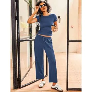 Ekouaer Women's 2 Piece Lounge Sets Ruched Short Sleeve Top and Wide Leg Pants Loungewear Tracksuit Sets with Pockets