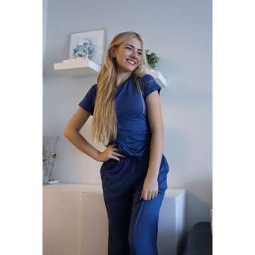 Ekouaer Women's 2 Piece Lounge Sets Ruched Short Sleeve Top and Wide Leg Pants Loungewear Tracksuit Sets with Pockets