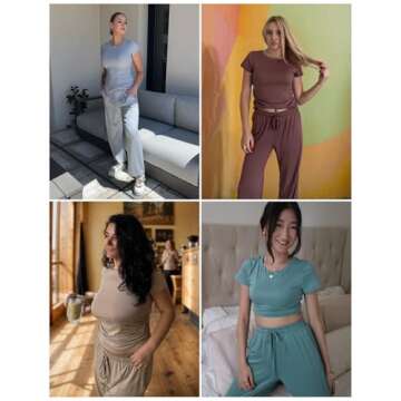 Ekouaer Women's 2 Piece Lounge Sets Ruched Short Sleeve Top and Wide Leg Pants Loungewear Tracksuit Sets with Pockets