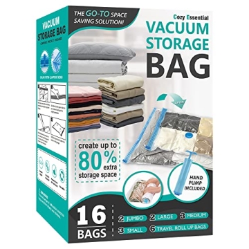 16 Pack Vacuum Storage Bags, Space Saver Bags (2Jumbo/2Large/3Medium/3Small/6Roll) Compression Stora...