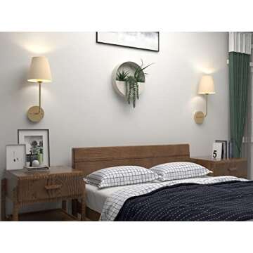 jengush 2-Pack Vintage Battery Operated Wall Sconce with Remote Control Dimmable, Battery Powered Wall Light with White Fabric Lamp Shade, Industrial Wall Mounted Fixture (Gold)