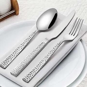HaWare Hammered Silverware Set, 60-Piece Stainless Steel Flatware for 12, Modern Eating Utensils Tableware Cutlery for Kitchen Hotel Restaurant Party, Mirror Polished - Dishwasher Safe