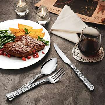 HaWare Hammered Silverware Set, 60-Piece Stainless Steel Flatware for 12, Modern Eating Utensils Tableware Cutlery for Kitchen Hotel Restaurant Party, Mirror Polished - Dishwasher Safe