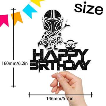 Space Cake Topper Happy Birthday Cartoon Cute Alien Theme Black Glitter Decor for Baby Shower Birthd...