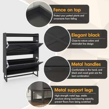 Maupvit Shoe Storage Cabinet with 2 Flip Drawers, Freestanding Organizer with Metal Legs for Entryway, Narrow Shoe Rack Cabinet, Black