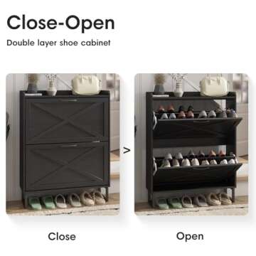 Maupvit Shoe Storage Cabinet with 2 Flip Drawers, Freestanding Organizer with Metal Legs for Entryway, Narrow Shoe Rack Cabinet, Black