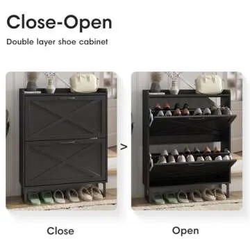 Maupvit Shoe Storage Cabinet with 2 Flip Drawers, Freestanding Organizer with Metal Legs for Entryway, Narrow Shoe Rack Cabinet, Black