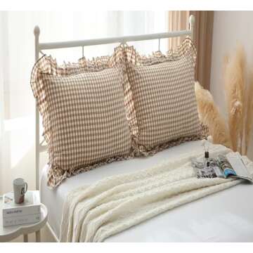 2 Pack Taupe White Plaid Euro Pillow Shams with Ruffles Checkered Pillowcases Gingham Pillow Cases W...