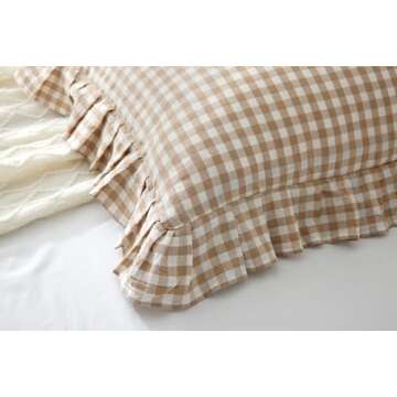 2 Pack Taupe White Plaid Euro Pillow Shams with Ruffles Checkered Pillowcases Gingham Pillow Cases Washed Cotton Farmhouse Cottage Pillow Covers for Bed/Sofa(26X26inches,Taupe/White Plaid)