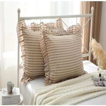 2 Pack Taupe White Plaid Euro Pillow Shams with Ruffles Checkered Pillowcases Gingham Pillow Cases Washed Cotton Farmhouse Cottage Pillow Covers for Bed/Sofa(26X26inches,Taupe/White Plaid)