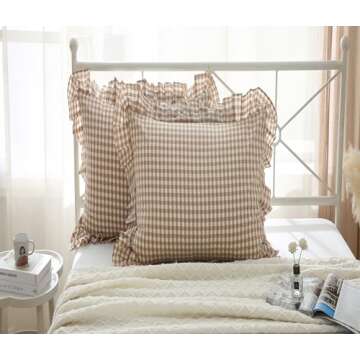 2 Pack Taupe White Plaid Euro Pillow Shams with Ruffles Checkered Pillowcases Gingham Pillow Cases Washed Cotton Farmhouse Cottage Pillow Covers for Bed/Sofa(26X26inches,Taupe/White Plaid)