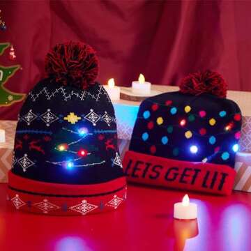 JOYIN 2 Pack LED Light-up Christmas Hat, Knitted Beanie Ugly Holiday Xmas Beanie Hat Knit Cap for Party (Battery Included with 3 Flashing Modes)