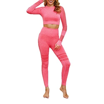 Hotexy Women Workout Set Seamless High Waisted Yoga Leggings with Long Sleeves Mesh Top Active Sport...