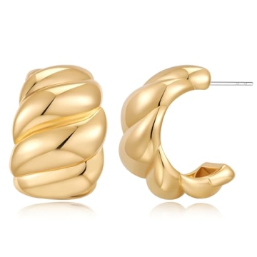 NEPULOY Chunky Twisted Hoop Earrings Polished Gold Screw Thread Huggie Hoop Earrings C Shape Textured Trendy Jeweley for Women