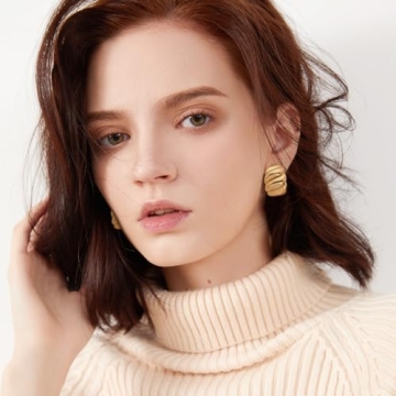 NEPULOY Chunky Twisted Hoop Earrings Polished Gold Screw Thread Huggie Hoop Earrings C Shape Textured Trendy Jeweley for Women