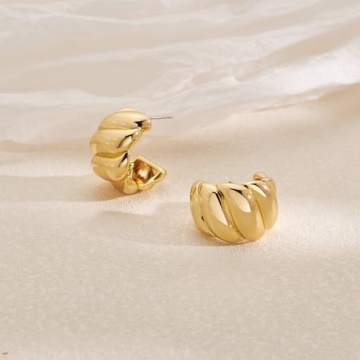 NEPULOY Chunky Twisted Hoop Earrings Polished Gold Screw Thread Huggie Hoop Earrings C Shape Textured Trendy Jeweley for Women