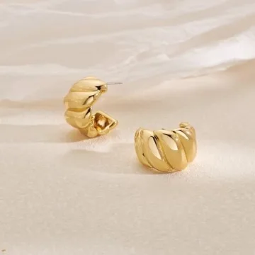 NEPULOY Chunky Twisted Hoop Earrings Polished Gold Screw Thread Huggie Hoop Earrings C Shape Textured Trendy Jeweley for Women