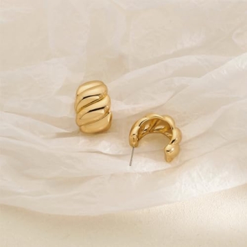 NEPULOY Chunky Twisted Hoop Earrings Polished Gold Screw Thread Huggie Hoop Earrings C Shape Textured Trendy Jeweley for Women