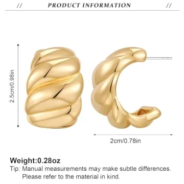 NEPULOY Chunky Twisted Hoop Earrings Polished Gold Screw Thread Huggie Hoop Earrings C Shape Textured Trendy Jeweley for Women