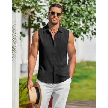 COOFANDY Men's Tank Top Summer Knit Sleeveless Shirts Black Button Up Tank Beach Textured Shirt X-Large