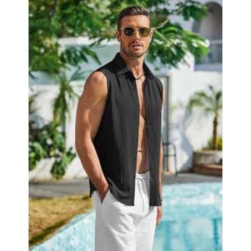 COOFANDY Men's Tank Top Summer Knit Sleeveless Shirts Black Button Up Tank Beach Textured Shirt X-Large