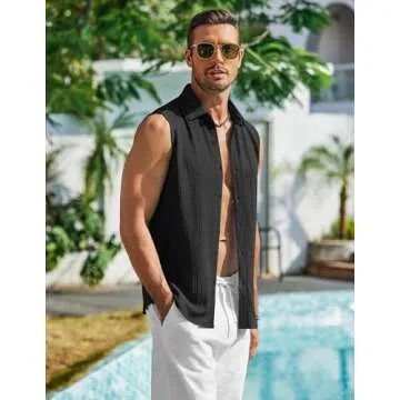 COOFANDY Men's Tank Top Summer Knit Sleeveless Shirts Black Button Up Tank Beach Textured Shirt X-Large