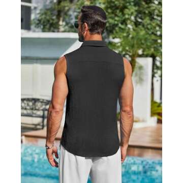 COOFANDY Men's Tank Top Summer Knit Sleeveless Shirts Black Button Up Tank Beach Textured Shirt X-Large